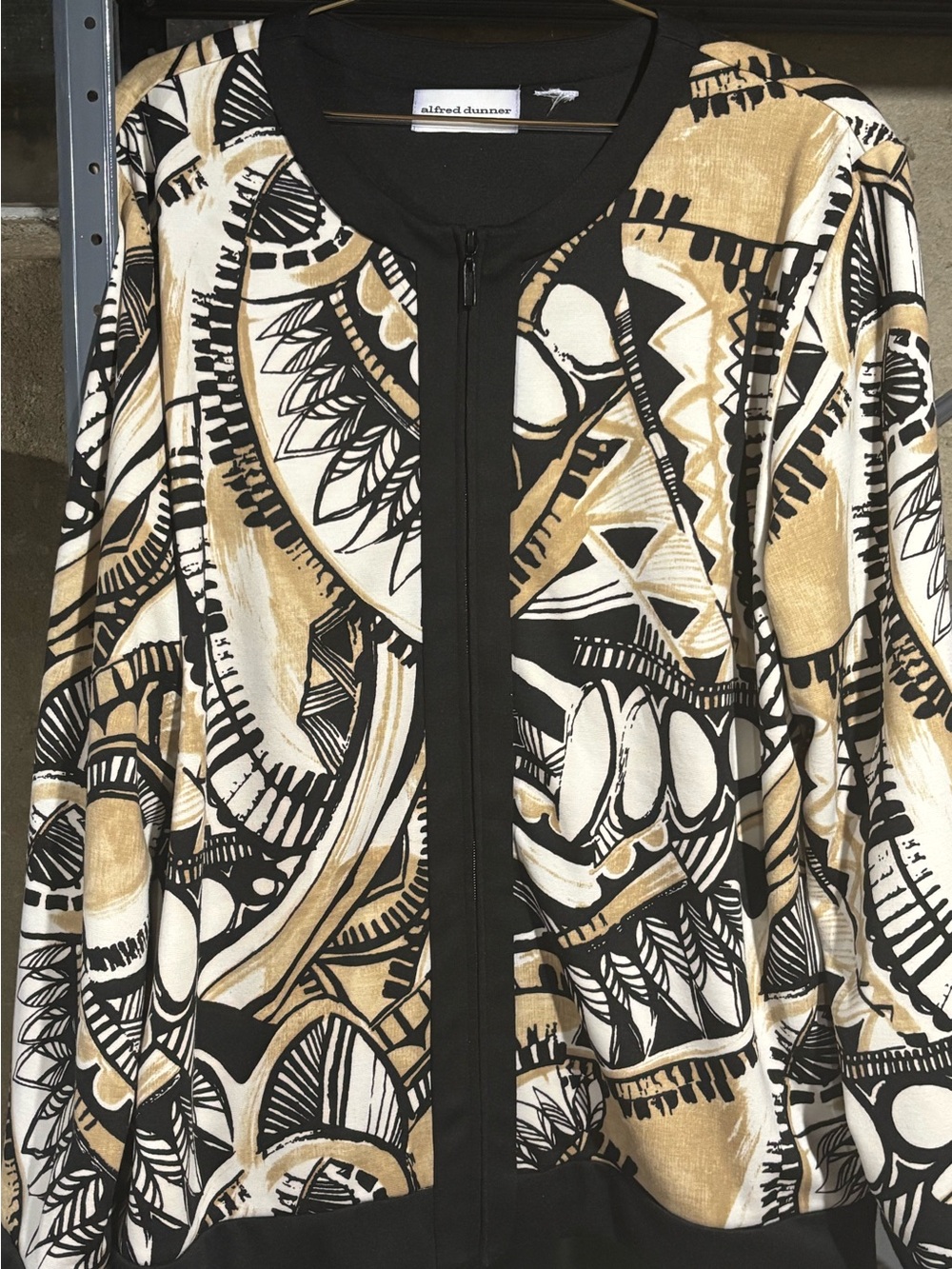 Alfred Dunner Black, White & Gold Abstract Zip-Front Bomber Jacket